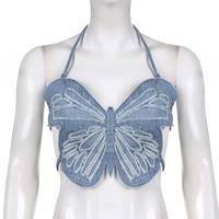 Cute Sexy Butterfly Denim Backless Crop Top Sleeveless Shirt Party Beach Summer Aesthetic Casual E-Girl Kawaii Korean Japanese Harajuku - Thumbnail 5