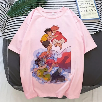Cute pink ponyo anime cartoon print graphic short sleeve shirt top summer aesthetic casual e-girl kawaii korean japanese harajuku - Thumbnail 3