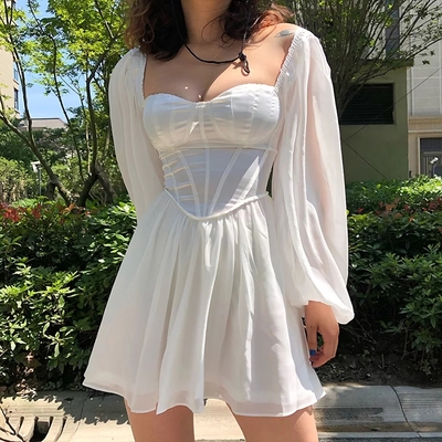 Cute White Elegant Bustier Corset Long Puff A-line Mini Dress Party Beach Summer Aesthetic Casual E-Girl Kawaii Korean Japanese Harajuku