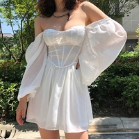 Cute White Elegant Bustier Corset Long Puff A-line Mini Dress Party Beach Summer Aesthetic Casual E-Girl Kawaii Korean Japanese Harajuku - Thumbnail 1