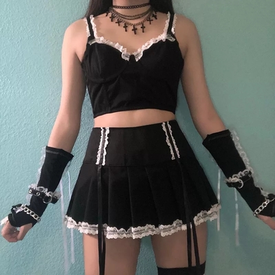 Cute vintage lace bandage a-line high waist mini skirt punk goth summer aesthetic casual e-girl kawaii korean japanese harajuku - Thumbnail 2