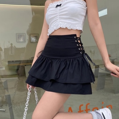 Cute 90s lace up ruffles high waist mini skirt goth punk summer aesthetic casual e-girl kawaii korean japanese harajuku