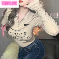 Cute Beige Cat Cartoon Embroidery Long Sleeve Detachable Shirt Crop Top Kpop Punk Summer Aesthetic Casual E-Girl Kawaii Korean Japanese Harajuku - Thumbnail 3