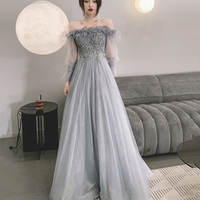Gray tulle sequins long prom dress A line evening dress - Thumbnail 1
