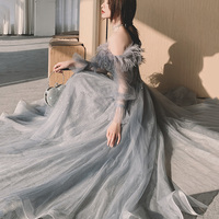 Gray tulle sequins long prom dress A line evening dress - Thumbnail 2