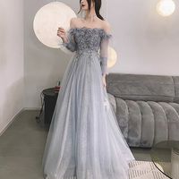 Gray tulle sequins long prom dress A line evening dress - Thumbnail 3
