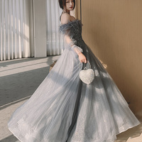 Gray tulle sequins long prom dress A line evening dress - Thumbnail 4