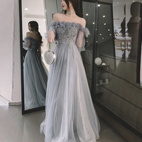 Gray tulle sequins long prom dress A line evening dress - Thumbnail 5