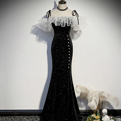 Black velvet long prom dress mermaid evening dress - Thumbnail 2