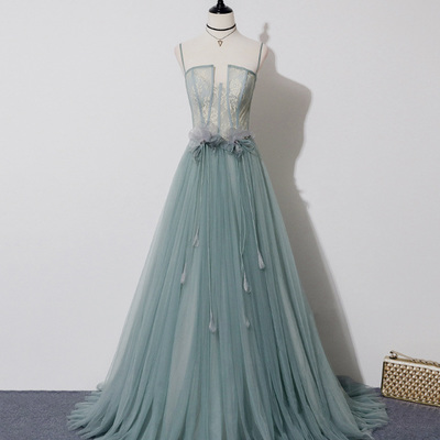 Green tulle lace long prom dress a line evening dress - Thumbnail 2