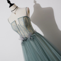 Green tulle lace long prom dress A line evening dress - Thumbnail 1