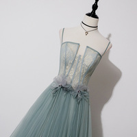 Green tulle lace long prom dress A line evening dress - Thumbnail 3