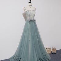 Green tulle lace long prom dress A line evening dress - Thumbnail 4
