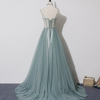Green tulle lace long prom dress A line evening dress - Thumbnail 5