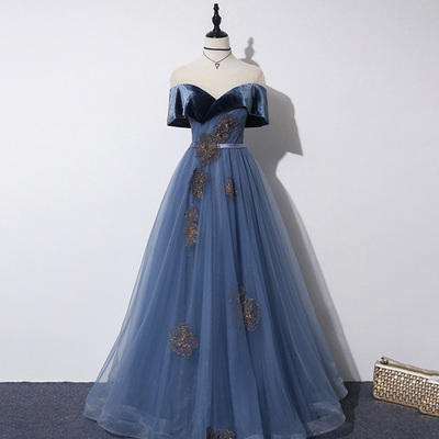 Blue veleet tulle long prom dress a line evening dress - Thumbnail 2