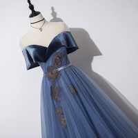Blue veleet tulle long prom dress A line evening dress - Thumbnail 1