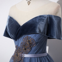 Blue veleet tulle long prom dress A line evening dress - Thumbnail 2