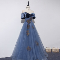 Blue veleet tulle long prom dress A line evening dress - Thumbnail 3