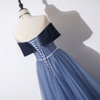 Blue veleet tulle long prom dress A line evening dress - Thumbnail 4