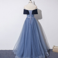 Blue veleet tulle long prom dress A line evening dress - Thumbnail 5