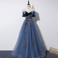 Blue veleet tulle long prom dress A line evening dress - Thumbnail 6