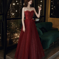 Burgundy tulle sequins long prom dress A line evening dress - Thumbnail 2