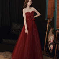 Burgundy tulle sequins long prom dress A line evening dress - Thumbnail 3