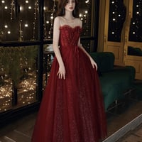 Burgundy tulle sequins long prom dress A line evening dress - Thumbnail 4