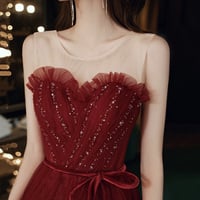 Burgundy tulle sequins long prom dress A line evening dress - Thumbnail 6