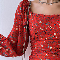 Sexy Red Long Sleeve Print Dress - Thumbnail 1