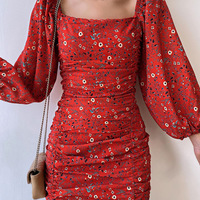 Sexy Red Long Sleeve Print Dress - Thumbnail 2