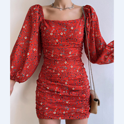 Sexy red long sleeve print dress - Thumbnail 1