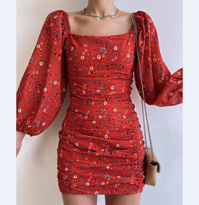 Sexy Red Long Sleeve Print Dress