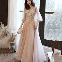Cute tulle lace long prom dress A line evening dress - Thumbnail 1