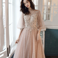 Cute tulle lace long prom dress A line evening dress - Thumbnail 4