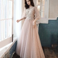Cute tulle lace long prom dress A line evening dress - Thumbnail 5