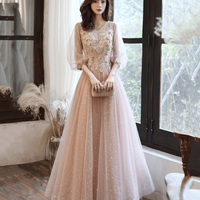 Cute tulle lace long prom dress A line evening dress - Thumbnail 7