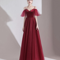 Bugundy velet tulle long prom dress A line evening dress - Thumbnail 1