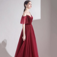Bugundy velet tulle long prom dress A line evening dress - Thumbnail 4