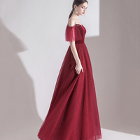 Bugundy velet tulle long prom dress A line evening dress - Thumbnail 5