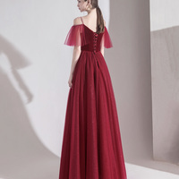 Bugundy velet tulle long prom dress A line evening dress - Thumbnail 6
