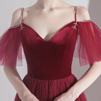 Bugundy velet tulle long prom dress A line evening dress - Thumbnail 7