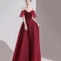 Bugundy velet tulle long prom dress A line evening dress - Thumbnail 9