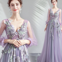 Purple tulle lace long prom dress A line evening dress - Thumbnail 5