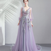 Purple tulle lace long prom dress A line evening dress - Thumbnail 6
