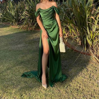 SP1496,Off the shoulder prom dresses,green pleated silk satin teenager prom dress,high side slit senior prom dress,stunning evening dresses