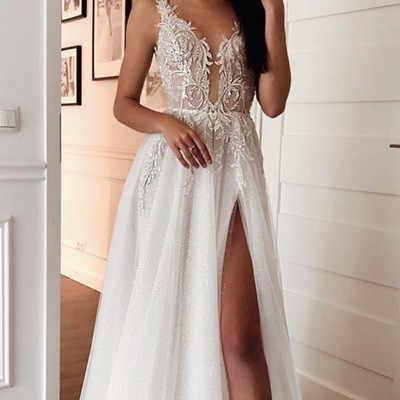 Sp1488,long prom dresses modest 2022 prom dresses elegant wedding dress v-neck sparkle evening dresses with high split - Thumbnail 5