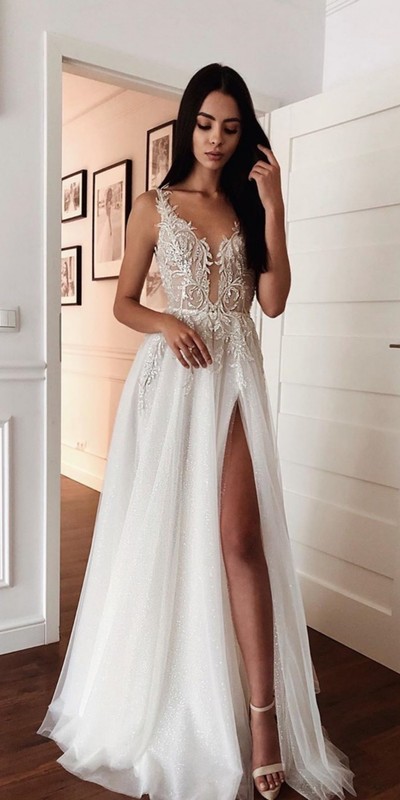 SP1488,Long Prom Dresses Modest 2022 Prom Dresses Elegant Wedding Dress V-Neck Sparkle Evening Dresses With High Split