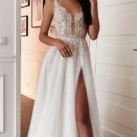 SP1488,Long Prom Dresses Modest 2022 Prom Dresses Elegant Wedding Dress V-Neck Sparkle Evening Dresses With High Split - Thumbnail 1