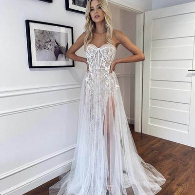 Sp1486,elegant white wedding dresses,lace sweetheart long bridal dress,romantic wedding gown with split